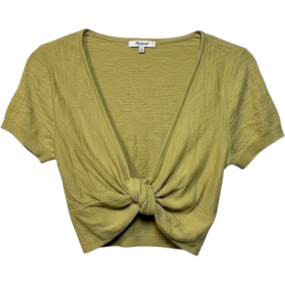 Madewell Womens Knit Top Twist Front Cutout M Chartreuse Green Short Sleeve Crop